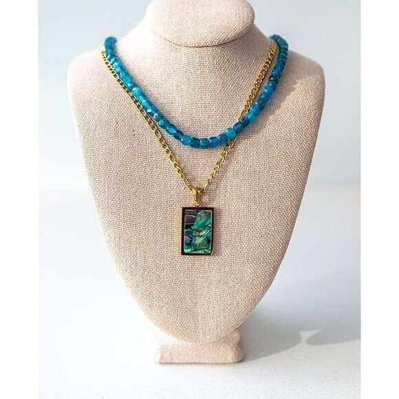 BEAUTIFUL STATEMENT Necklace Mother of Pearl Abalone Shell Pendant Cuban Figaro - Picture 13 of 15